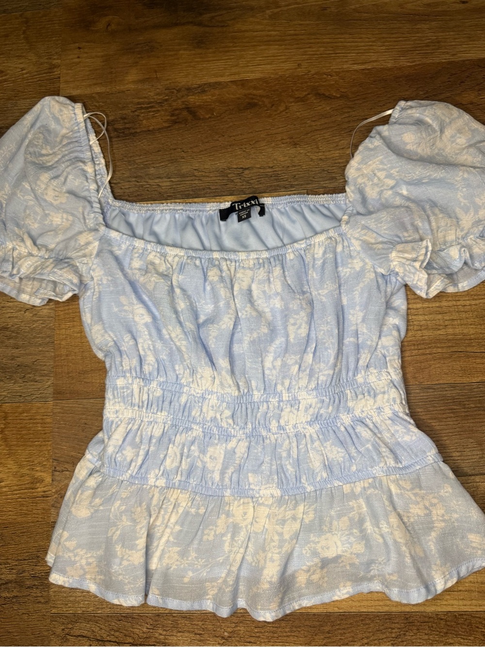 Trixxi Pale Blue Floral Puff Sleeve Smocked Peplum Top